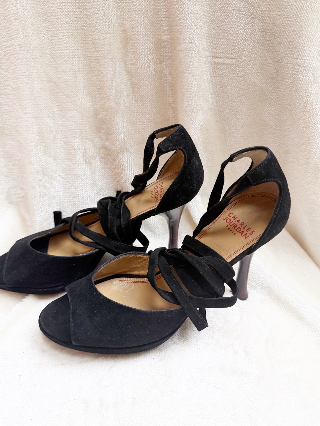Nwt Charles Jourdan Black Suede Peep-Toe Tie-Heel Platform Pumps